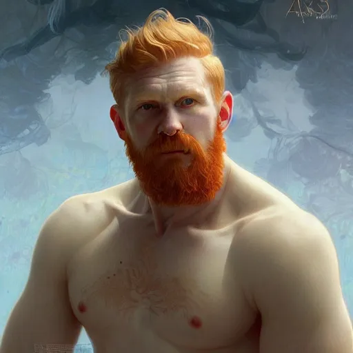 Prompt: beautiful natural middle aged male ginger god wearing a white perizoma, intricate, elegant, highly detailed, digital painting, artstation, concept art, smooth, sharp focus, illustration, art by artgerm and greg rutkowski and alphonse mucha and loish and WLOP