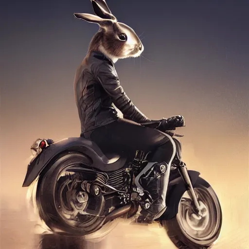 Prompt: a bunny wearing a leather jacket, riding a motorcycle, elegant, highly detailed, digital painting, artstation, concept art, matte, sharp focus, highly detailed, 4 k, hdr, smooth, sharp focus, high resolution, award - winning photo, photorealistic, art by artgerm and greg rutkowski and alphonse mucha, large shot