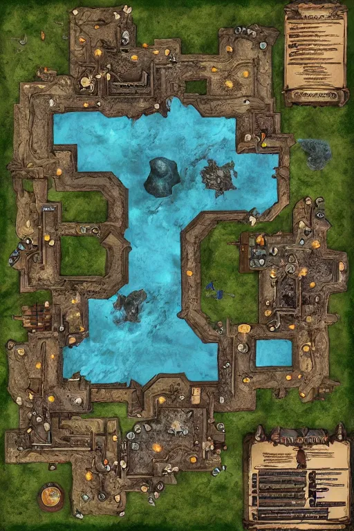 Image similar to a D&D tabletop game dungeon map with rooms, barracks, halls, with connecting caverns where at the end an ominous waterfall and pool reside, high quality, hd, WOTC, Roll20, Wonderdraft, Inkarnate