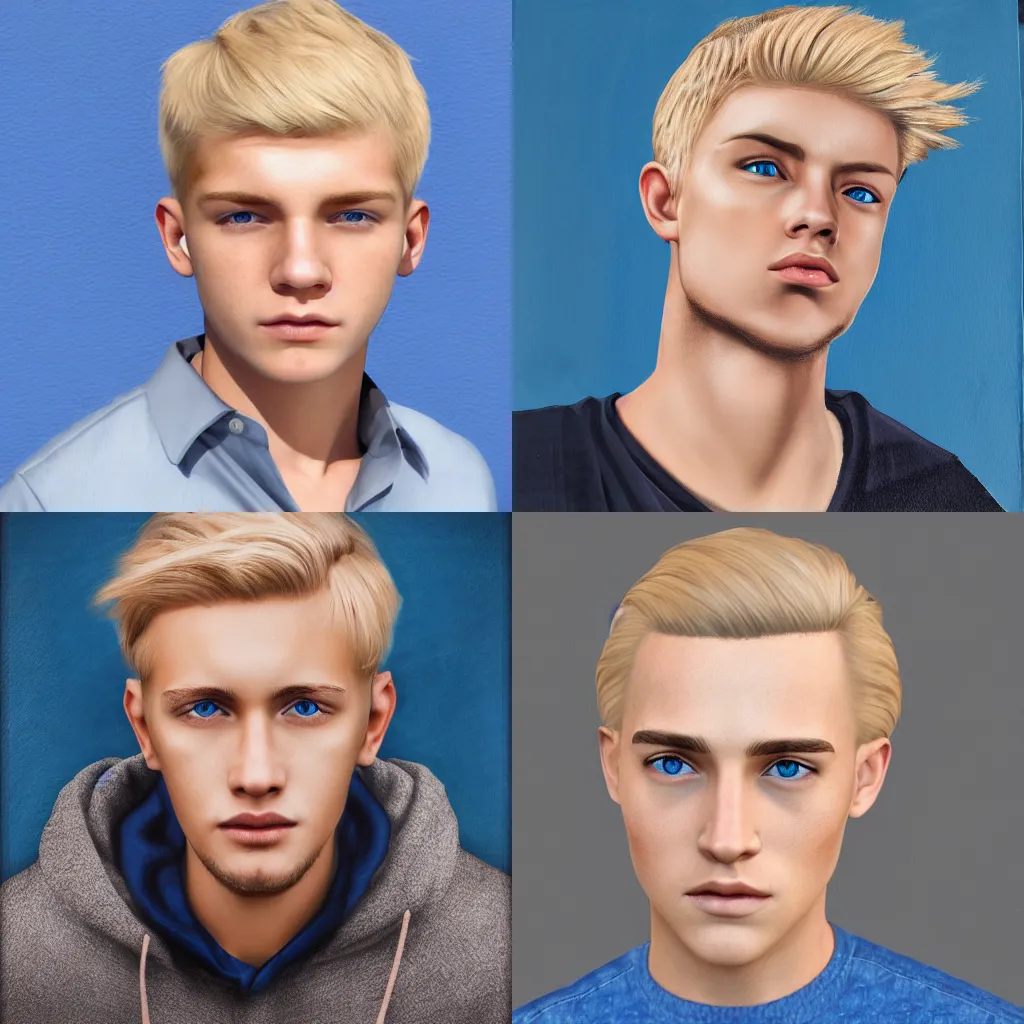 Prompt: young man with blond hair and blue eyes, photorealistic, detalied, 8k