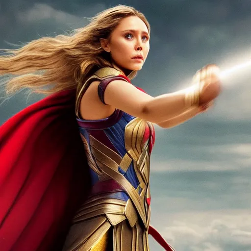 Prompt: Photorealistic art of Elizabeth Olsen as Mighty Thor, full body, action shot, high definition, cinematic, realistic