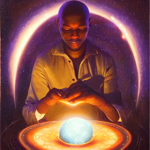 Image similar to an african psychic reading his crystal ball under a meteor shower, greg rutkowski and android jones and amanda sage, oil on canvas, 8k