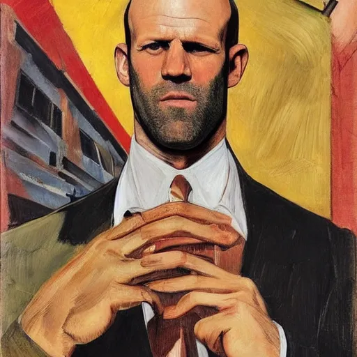 Image similar to portrait of jason statham pet detective standing atop a garbage truck giorgio de chirico mark rothko lucian freud greg rutkowski