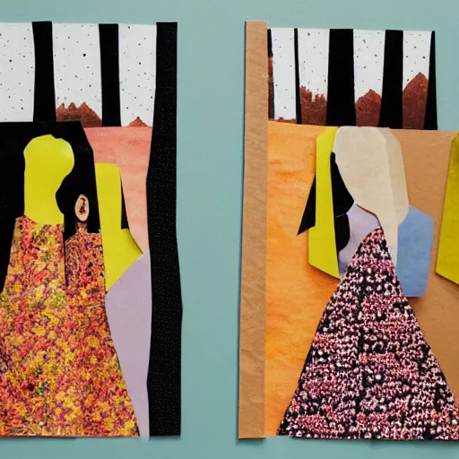 Image similar to paper collage art made of cut up magazines depicting two women holding hands in a forest