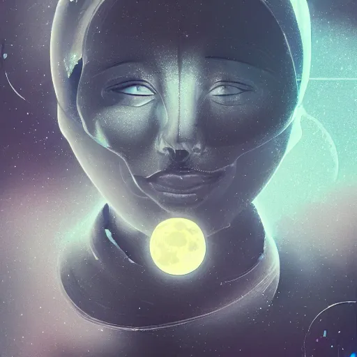 Prompt: detailed masterpiece of a holo around the moon, cartoon face on it, old photo, detailed, sci - fi, technology, digital art, art station, beeple