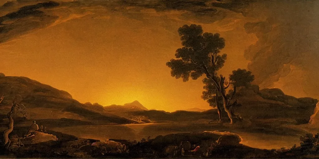 Image similar to where's wally at sunset in an exploding volcano seething, ethereal landscape, claude lorrain pastoral landscape