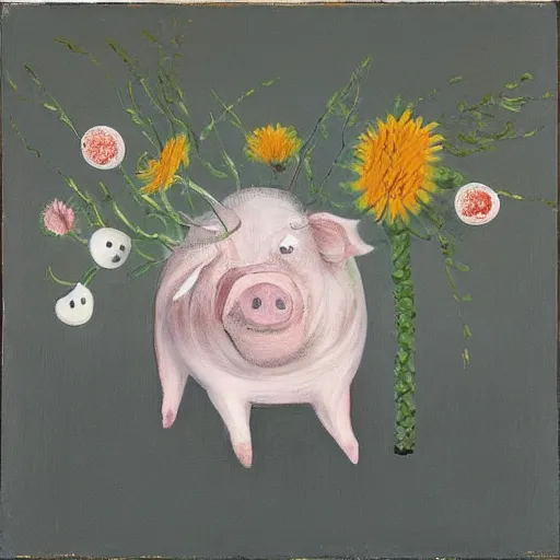 Image similar to “pig paintings and pig sculptures in a pig art gallery, pork, ikebana white flowers, white wax, squashed berries, acrylic and spray paint and oilstick on canvas, by munch and Dali”