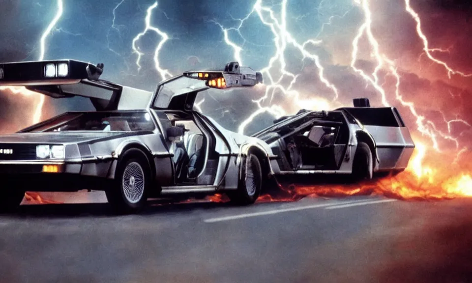 Image similar to scene from back to the future, delorean from back to the future driving very fast, lightning around the car, fire on the road, driving through a portal, motion blur