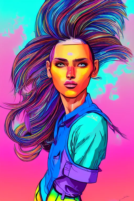 Image similar to a award winning half body portrait of a beautiful woman with stunning eyes in a printed croptop and cargo pants with rainbow colored ombre hairstyle head in motion and hair flying by josan gonzales, outrun, vaporware, shaded flat illustration, digital art, trending on artstation, highly detailed, fine detail, intricate