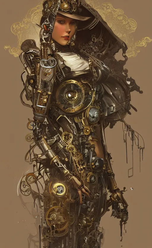 Image similar to steampunk robot, western, closeup, d & d, fantasy, intricate, elegant, highly detailed, digital painting, artstation, concept art, matte, sharp focus, illustration, art by artgerm and greg rutkowski and alphonse mucha