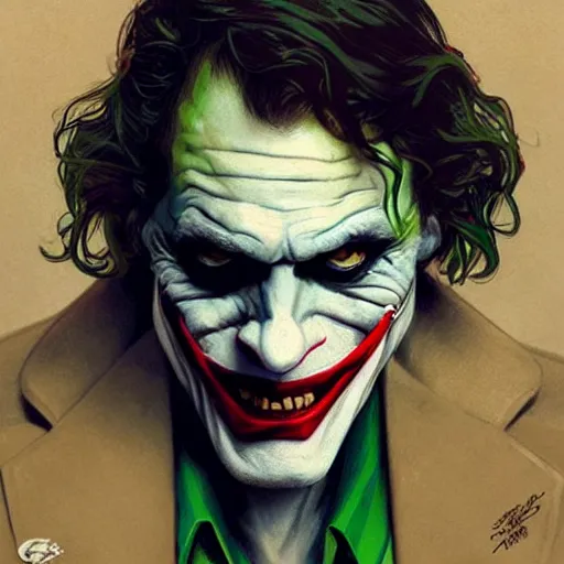 Image similar to [Rossi de Palma as the Joker, closeup, D&D, intricate, elegant, highly detailed, digital painting, artstation, concept art, matte, sharp focus, illustration, art by Artgerm and Greg Rutkowski and Alphonse Mucha]