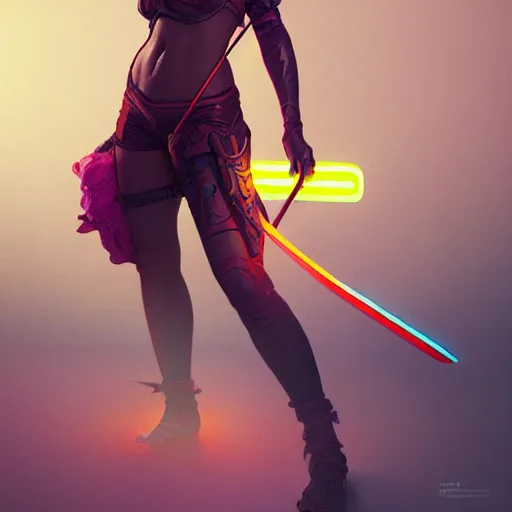 Image similar to woman with neon katana, highly detailed, professional digital painting, Unreal Engine 5, Photorealism, HD quality, 8k resolution, cinema 4d, 3D, cinematic, professional photography, art by artgerm and greg rutkowski and alphonse mucha and loish and WLOP