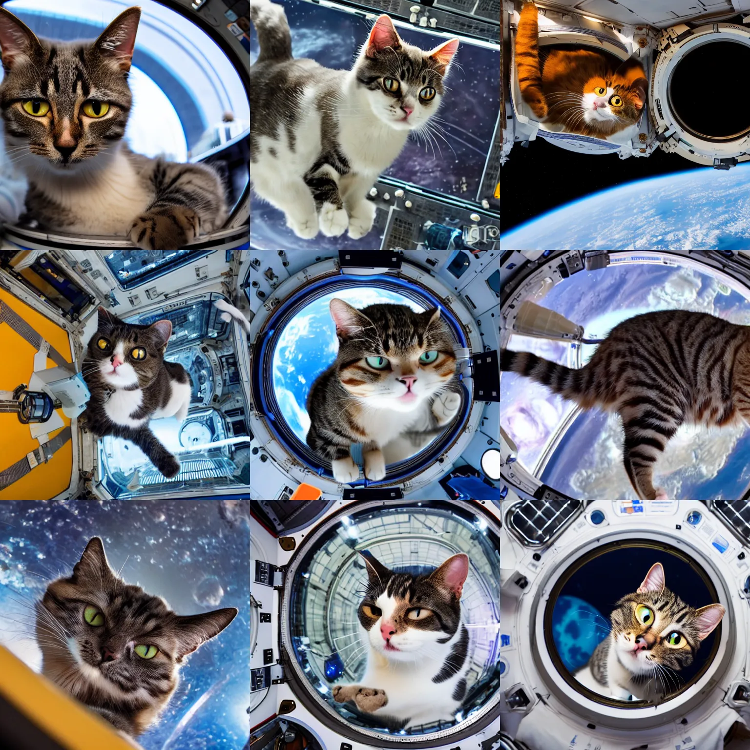 Prompt: Photo of a cat floating inside the International Space Station, highly-detailed 4K award-winning cinematic epic