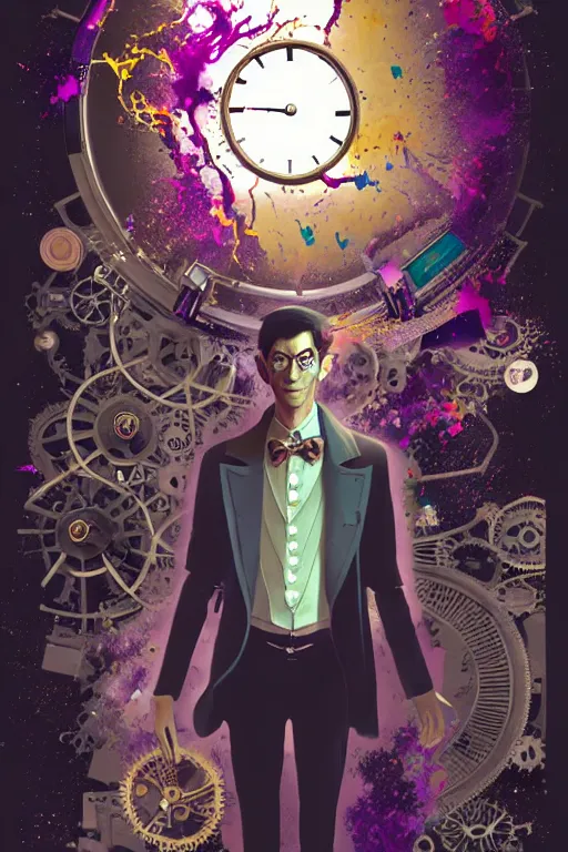 Image similar to arrogant elegant man travels through time via steampunk portals, pixiv fanbox, dramatic lighting, maximalist pastel color palette, splatter paint, pixar and disney exploded - view drawing, graphic novel by fiona staples and dustin nguyen, peter elson, alan bean, wangechi mutu, clean cel shaded vector art, trending on artstation