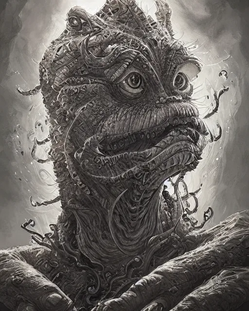 Prompt: portrait of Garfield as a large Lovcraftian monster, fantasy, intricate, elegant, highly detailed, digital painting, artstation, concept art, smooth, sharp focus, illustration, art by artgerm and greg rutkowski