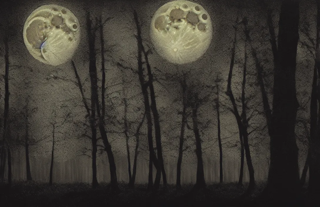 Prompt: moon visible through the trees fusing a dream world of imagination with closely observed reality rebirth of classical culture painting by caspar david frederich intact flawless ambrotype from 4 k criterion collection remastered cinematography gory horror film, ominous lighting, evil theme wow photo realistic postprocessing tower of silence render by christopher soukup