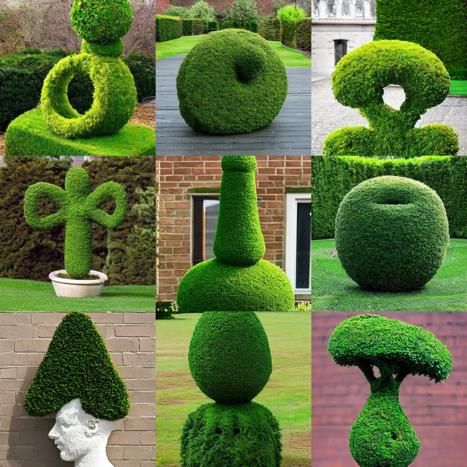 Prompt: a topiary cut into the shape of an impossible trident
