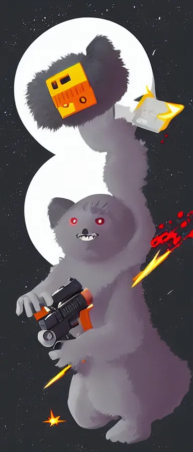 Image similar to “ furry monster character holding laser gun, floating alone, with a black dark background, digital art, award winning, trending on art station ”