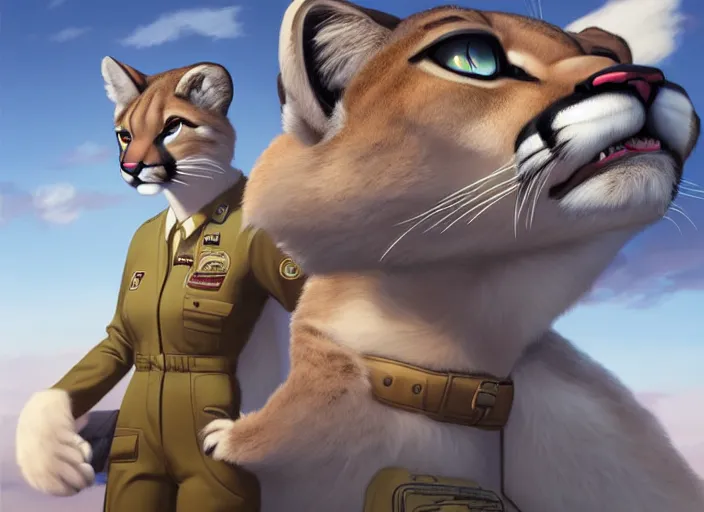 Image similar to character portrait feature of the anthro female anthropomorphic puma bobcat mountain lion fursona wearing airline pilot outfit uniform professional pilot for delta airlines character design stylized by charlie bowater, ross tran, artgerm, and makoto shinkai, detailed, soft lighting, rendered in octane, peru in background