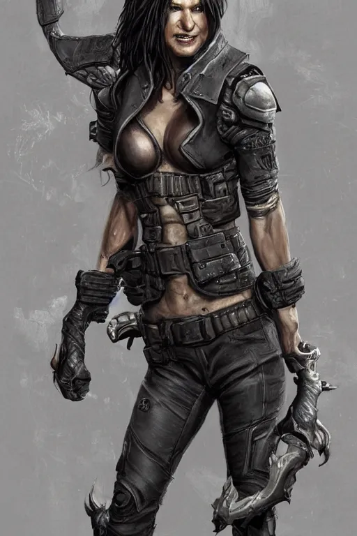 Prompt: gina carano as a shadowrun ork with prothesis metallic left arm, tusk, casual black clothing, muscular, realistic proportions, casual pose, large portrait, sci - fi, rpg character, digital painting, artstation, concept art, smooth, 8 k frostbite 3 engine, ultra detailed, art by artgerm and greg rutkowski and magali villeneuve