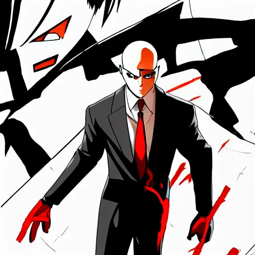 Prompt: Agent 47 in a scene from neon Genesis Evangelion, trending on pixiv, black ink, complex detail