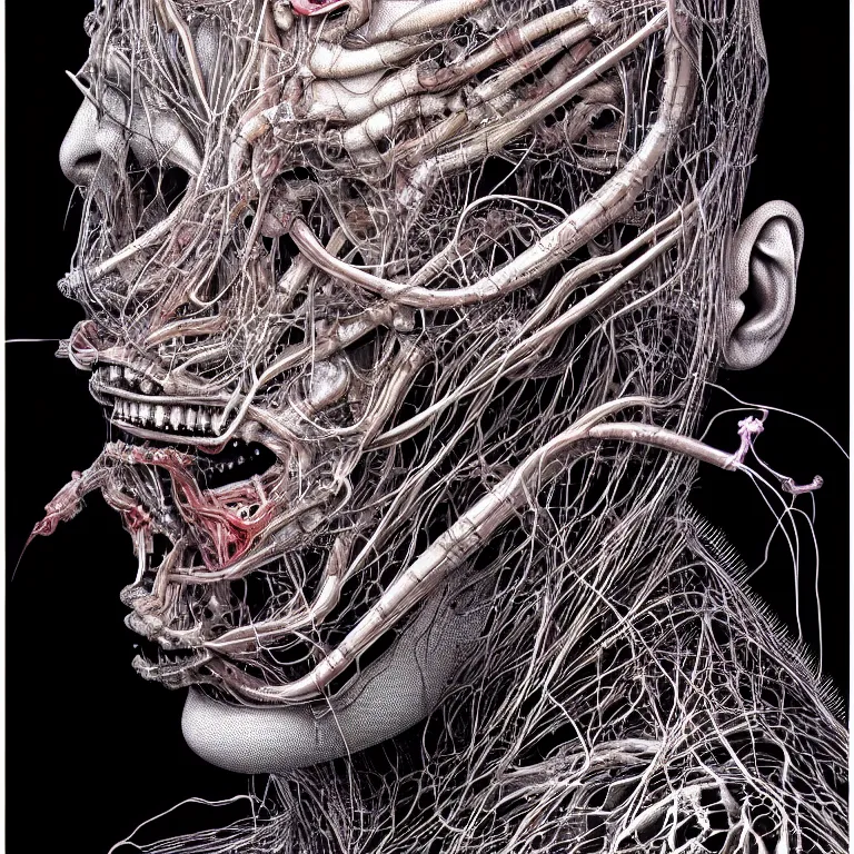 Image similar to portrait of neural nightmares by yoshitaka amano and HR Giger, detailed face face face face, facial structure, hd, 8k, very very very very electronic, biomechanical, biology, bio, neural machine, single subject, terror