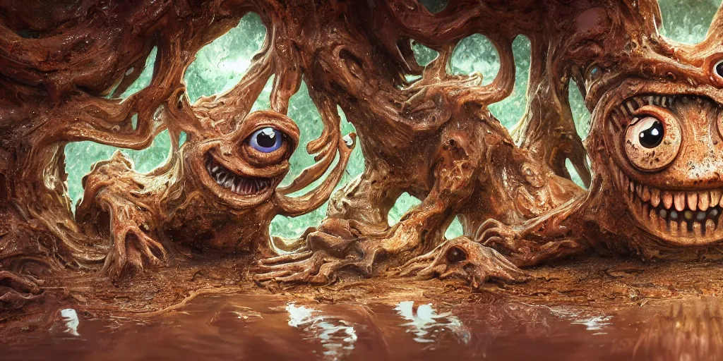 Image similar to of an intricate muddy water with strange cute friendly happy creatures with huge eyes, long tongue, round teeth and goofy funny face, appearing from the background, in the style of gehry and gaudi, macro lens, shallow depth of field, ultra detailed, digital painting, trending artstation, concept art, illustration, cinematic lighting, photorealism, epic, octane render