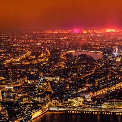 Prompt: london on fire aerial view volumetric lighting