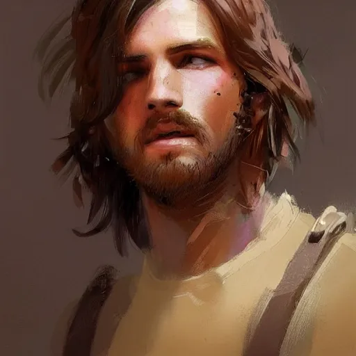 Prompt: colorful detailed portrait of a young shepherd with soft hair, brown hair, Greg Rutkowski