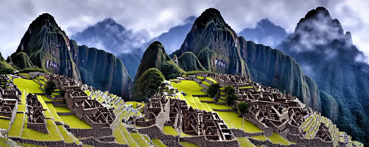 Prompt: Machu Picchu digital art, far away, low fog layer