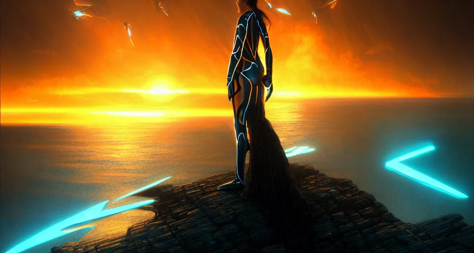 Prompt: tron legacy wings in front mind bending sunset, cliffside ocean scene, backlit, aesthetic, elegant, diffuse lighting, hyper realistic, elegant, intricate, hyper detailed, smooth, sharp focus, concept art, illustration, trending on artstation, art by artem demura, greg rutkowski, james gurney, and alphonse mucha