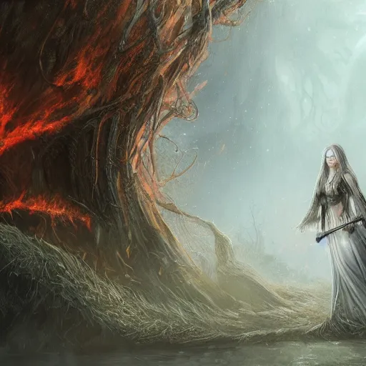 Prompt: elden ring art, concept art, highly detailed, malenia staying and looking on burning erd tree, fantasy art, digital drawing, arstation trends, 4 k