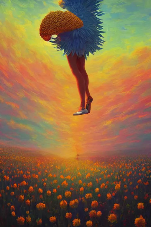 Image similar to giant corn flower head, girl walking on the moon, surreal photography, sunrise, dramatic light, impressionist painting, colorful clouds, digital painting, artstation, simon stalenhag