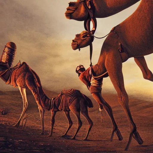 Prompt: Camels wrestling whilst pinocchio plays the accordion by james gurney, disney and Dan hillier, 8k, artstation