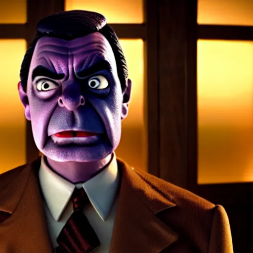 Image similar to mr. bean as thanos from the avengers movie. movie still. cinematic lighting.