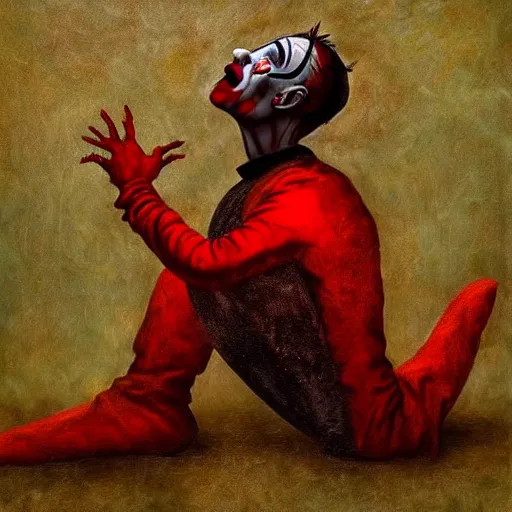 Image similar to nightmare clown drowning in his sorrows and depression, surrealist horror painting with soft, gothic red black and brown colors. soft paint strokes evoking profound sadness, killer clown spiraling into hopelessness. renaissance oil painting, incredibly detailed.