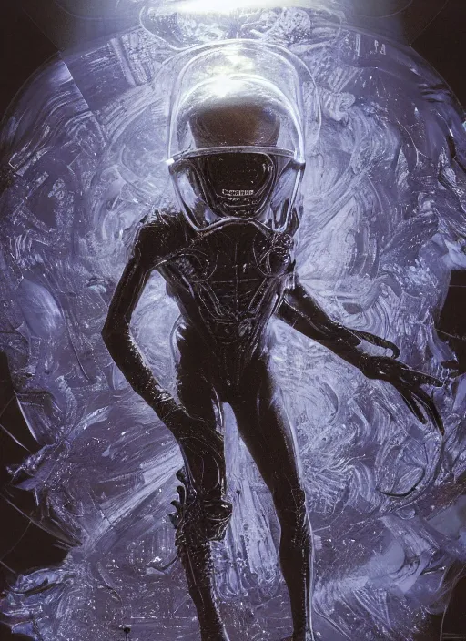 Image similar to alien astronaut in dark void underwater - complex and hyperdetailed technical suit design. reflection and dispersion materials. rays and dispersion of light. volumetric light. f / 3 2. noise film photo. flash photography. ultra realistic, 5 0 mm. poster by wayne barlowe, hajime sorayama aaron horkey, craig mullins