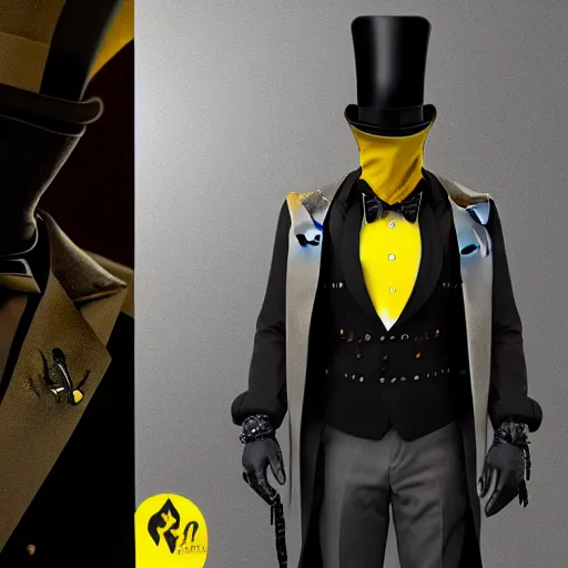 Image similar to a highly detailed portrait of a man in a high top hat covering his face, in a black tailcoat with a yellow waistcoat under the tailcoat, artstation, deviantart, professional, unreal engine 5, photorealistic