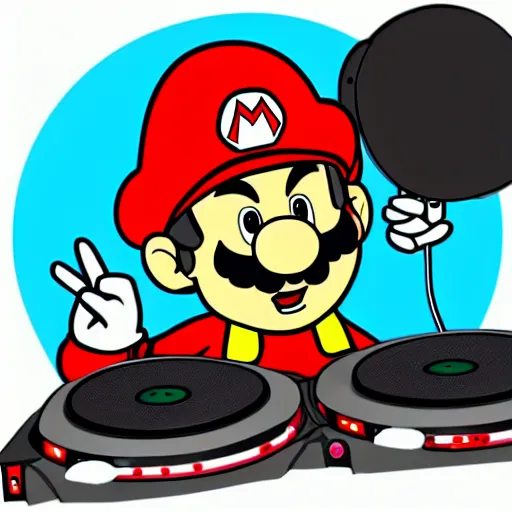 Image similar to svg sticker of a Pop-Wonder SuperMario, Mario-Wearing-a-red-hat, at a rave, spinning records, giant headphones rocking out, wearing headphones, huge speakers, dancing, rave, DJ, spinning records, digital art, amazing composition, rule-of-thirds, award-winning, trending on artstation, featured on deviantart