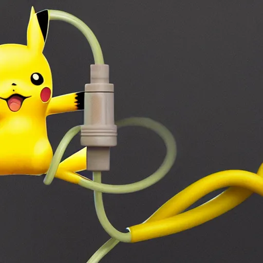 Image similar to close up of pikachu with an electrical cable and plug instead of his tail, cinematographic shot, by daniel f. gerhartz