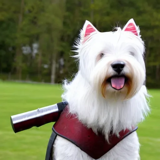 Image similar to west highland terrier dressed in iron armour with a gun attached to his head. gun on the head of westy.