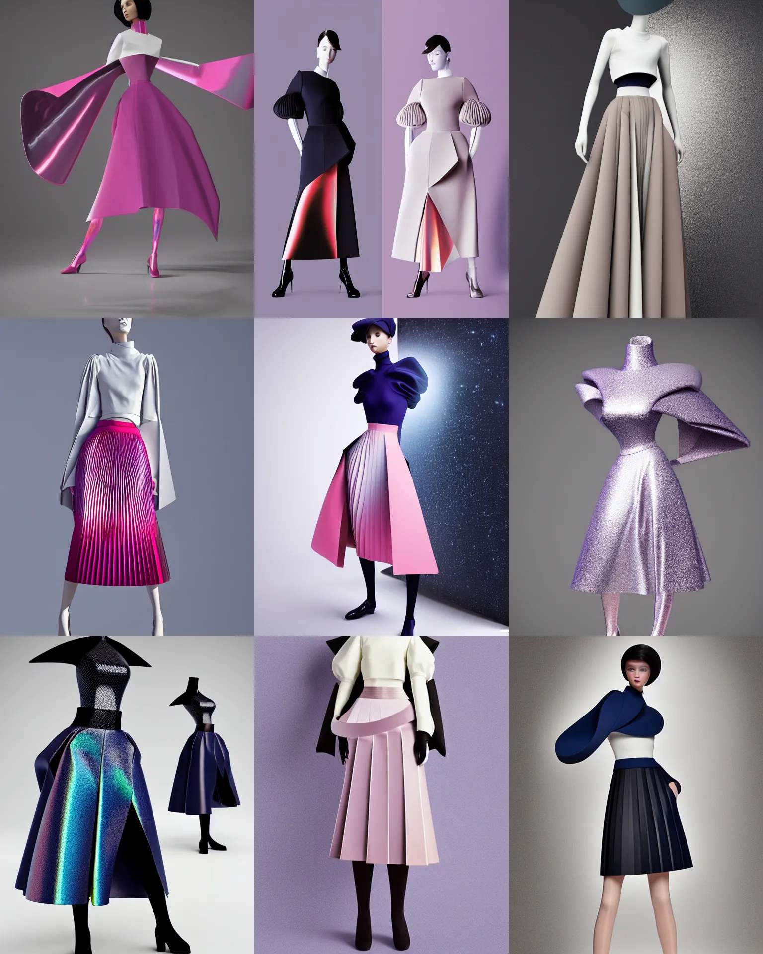 Prompt: designer figure collection ball shaped accordion sleeve haute couture, sailor uniform, midi skirt, coat pleats, synthetic curves striking pose, dynamic folds, cute huge pockets hardware, volume flutter, youthful, modeled by modern designer bust, body fit, award fashion, stardust gradient scheme, light holographic tones, expert composition, high detail, professional retouch, editorial photography