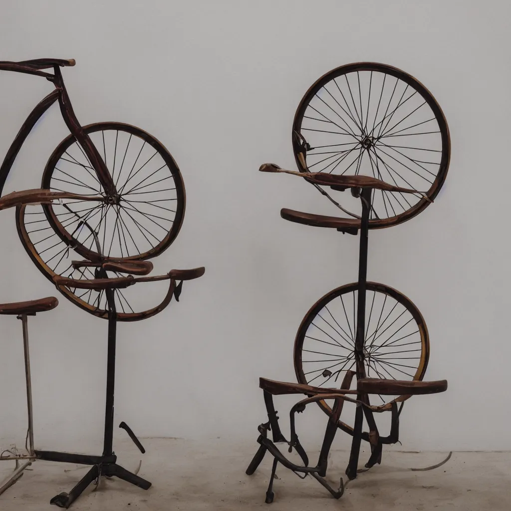 Prompt: color photograph of a bicycle wheel on top of wooden stool with three legs in an art gallery