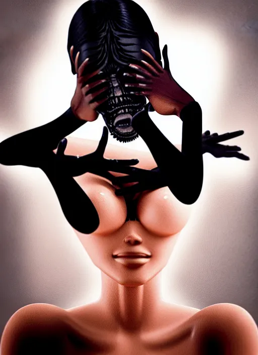 Image similar to photo still full pov of a kim kardashian with a alien facehugger over her face, cinematic full shot.