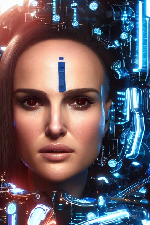 Image similar to close up headshot of Natalie Portman as a female android, intricately detailed mechanical parts, complicated circuits and wires, beautiful gazing symmetric blues eyes, unreal engine, path tracing, 8k, artstation, 3/4 profile