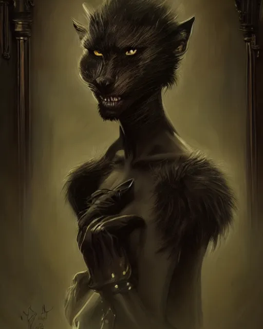 Image similar to a portrait of black furry shadow nightmare monster hybrid human in a background of deep shadows, illustration, dramatic lighting, soft details, painting oil on canvas, art nouveau, octane render, HDR, 4k, 8k, HD, by Edmund Blair Leighton, Brom, Charlie Bowater, trending on artstation, Tom Bagshaw, faces by otto Schmidt