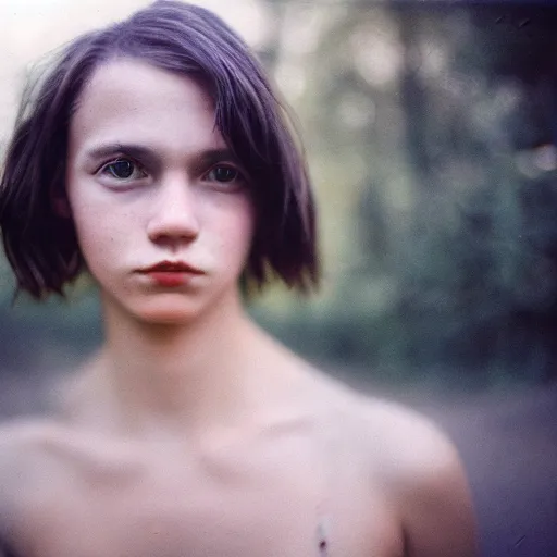 Image similar to cottagecore cyberpunk portrait photograph of a cute young woman, short hair, naturist, natural, tank top, Cinestill 800T