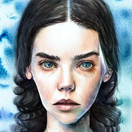 Image similar to full body detailed watercolor illustration of alien jennifer connelly mixed with anya taylor - joy, reading a book, unsettling, hooded long black feathered cloak, uncanny valley, with black feathers instead of hair, gothic, guillermo del toro, gray mottled skin, pale and sickly, profile view, - - ar 9 : 1 6