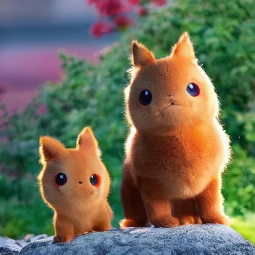 Image similar to real life pokemons, cute!!!, content!!!, mischievous!!!, adorable!!!, little furballs, fluffy!!!, ultra realistic!!!, golden hour, golden ratiosharp focus