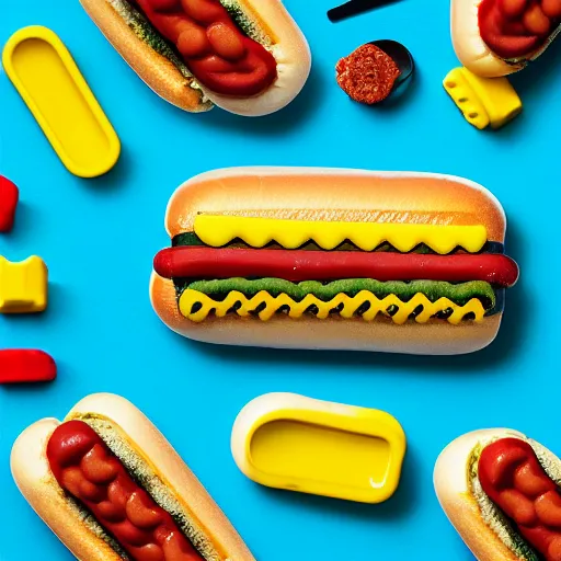 Prompt: commercial photo of a delicious hot dog, with baked beans, mustard, ketchup, broccoli and legos on top, detailed, uhd, 8k,